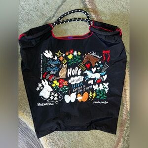 Ball and Chain Embroidered Black Tote Bag with Colorful Designs